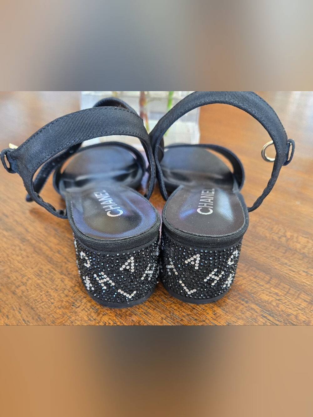 Rhinestone Black Open-Toe Ankle-Strap Block Heel Sandals